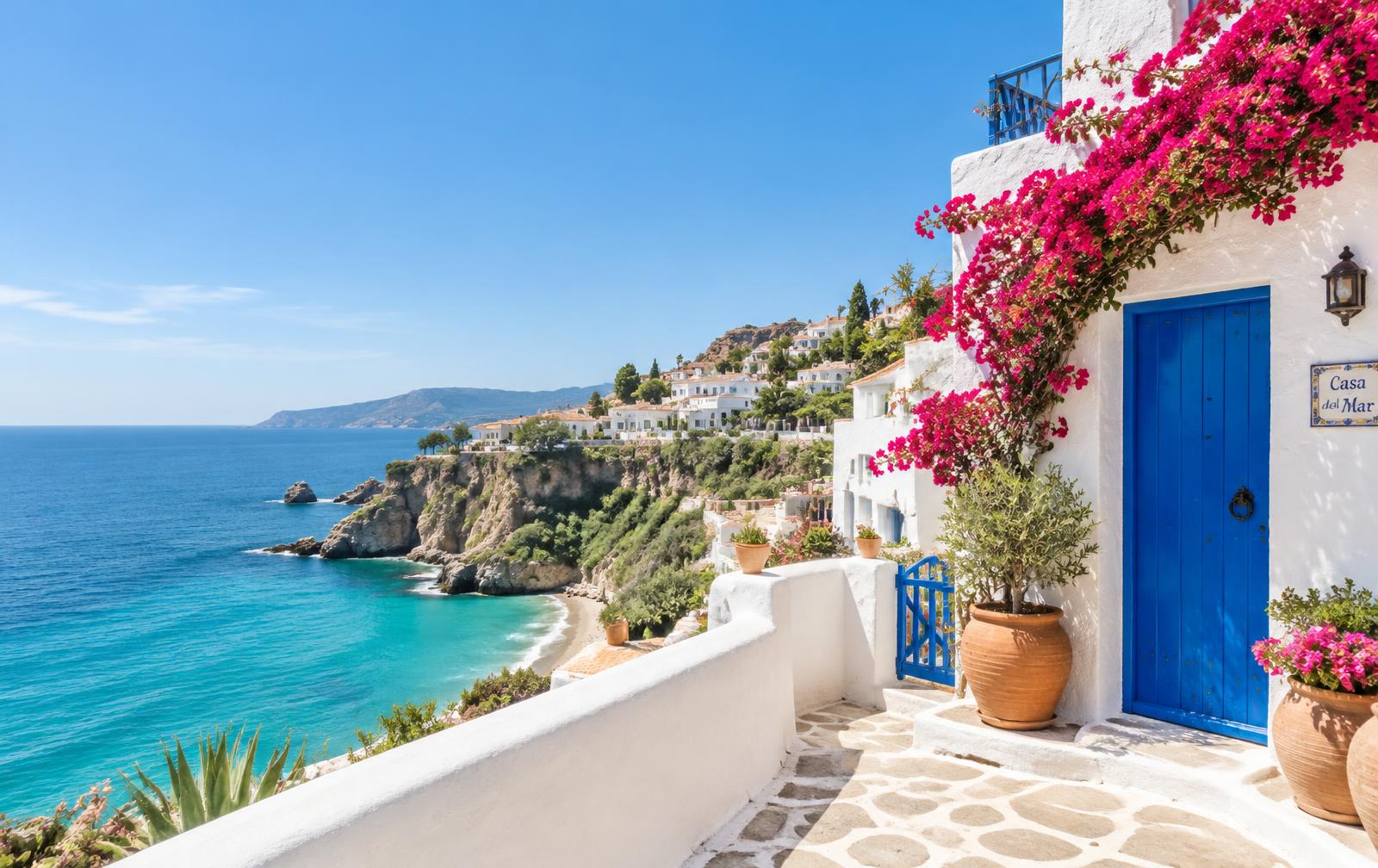 Whitewashed Spanish coastal village above a turquoise sea